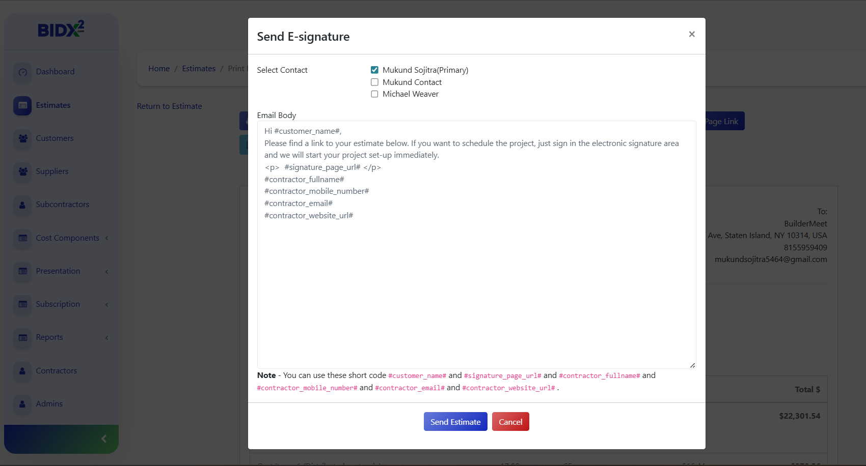 BidX² e-signature and proposal delivery screen